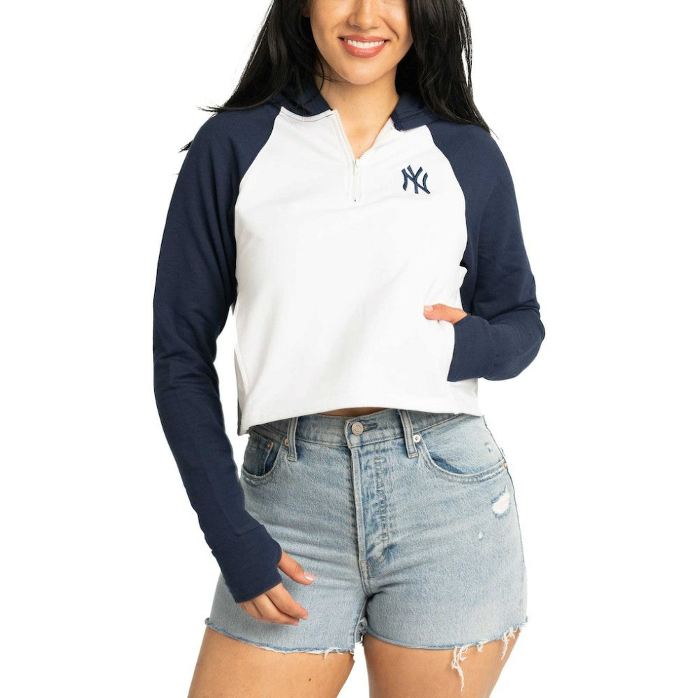 New York Yankees Lusso Women's Jane Raglan Quarter-Zip Tri-Blend Cropped Pullover Hoodie - MLB Hoodies