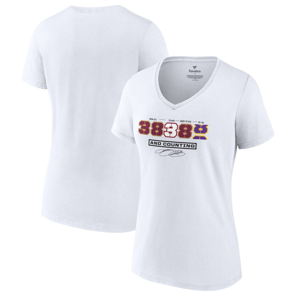 White LeBron James Women's NBA All-Time Scoring Record Split Points V-Neck T-Shirt | NBA